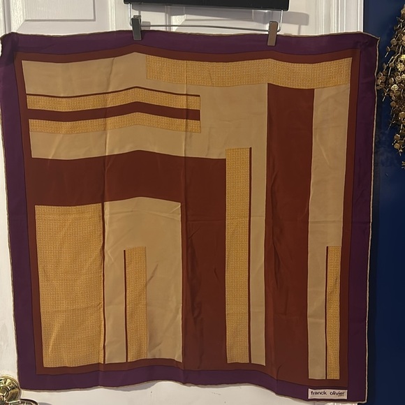 Vintage Franck Olivier Paris Brown & Tan Geometric Print Scarf 33” - Picture 2 of 7